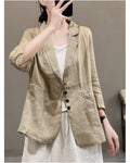 Women s autumn solid color casual suit cardigan top made of cotton and linen with labels removed and made of cotton and linen image 0