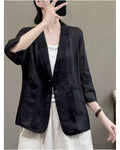 Women s autumn solid color casual suit cardigan top made of cotton and linen with labels removed and made of cotton and linen image 1