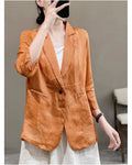 Women s autumn solid color casual suit cardigan top made of cotton and linen with labels removed and made of cotton and linen image 3
