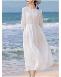 Brand discount store white cotton and linen hollow patchwork dress for women summer drawstring pleated thin ramie maxi skirt image 0