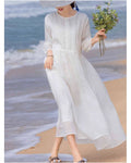 Brand discount store white cotton and linen hollow patchwork dress for women summer drawstring pleated thin ramie maxi skirt image 1
