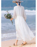 Brand discount store white cotton and linen hollow patchwork dress for women summer drawstring pleated thin ramie maxi skirt image 2
