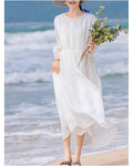 Brand discount store white cotton and linen hollow patchwork dress for women summer drawstring pleated thin ramie maxi skirt image 3