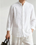 Pure linen relaxed old fashion style men s casual long sleeved shirt white stand up collar lightweight and breathable loose fitting image 0