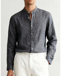 Pure linen relaxed old fashion style men s casual long sleeved shirt white stand up collar lightweight and breathable loose fitting image 1