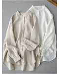 High end linen stand up collar shirt for women spring style mid length literary solid color simple loose long sleeved cardigan cotton and linen top image 0